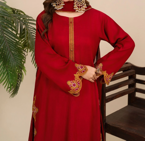 3Pc Embroidered Silk Viscose with Shalwar Red JASHAN-J26-0020