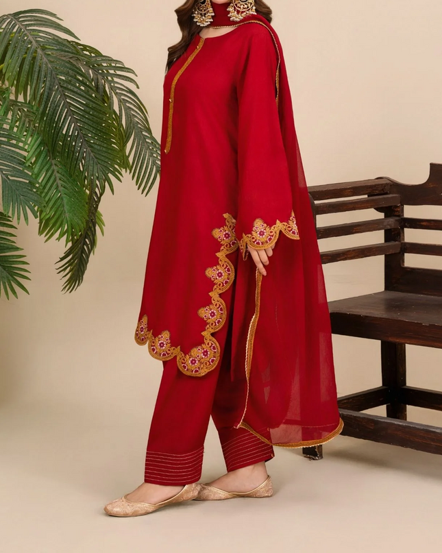 3Pc Embroidered Silk Viscose with Shalwar Red JASHAN-J26-0020