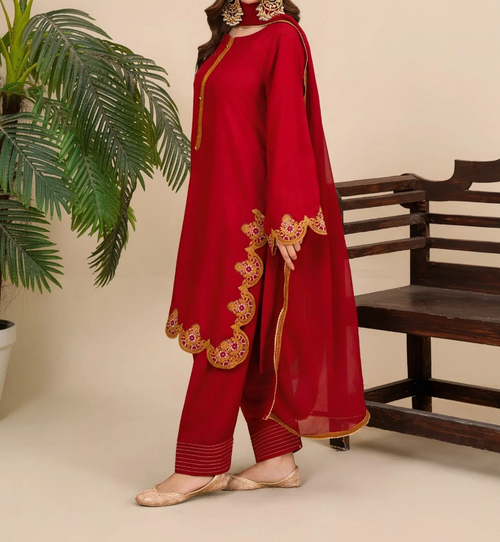 3Pc Embroidered Silk Viscose with Shalwar Red JASHAN-J26-0020