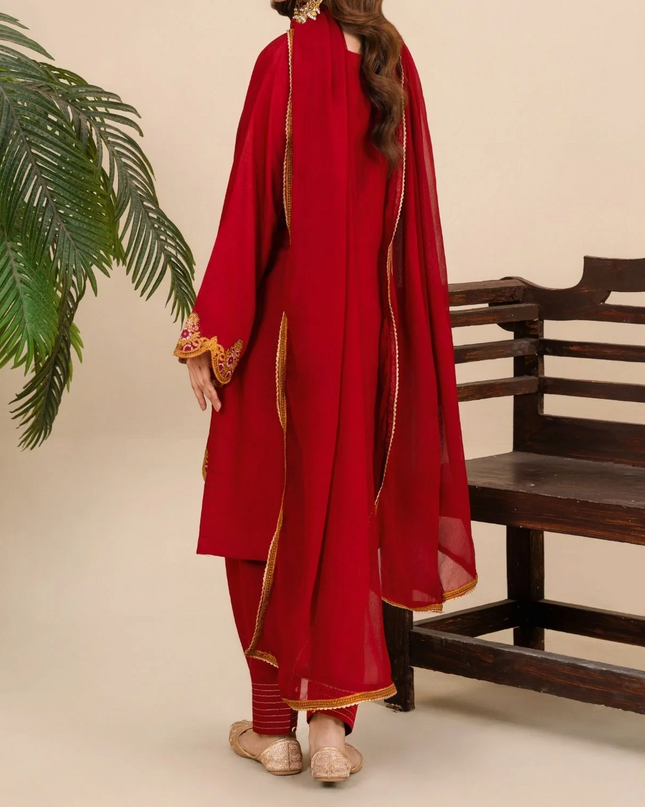 3Pc Embroidered Silk Viscose with Shalwar Red JASHAN-J26-0020