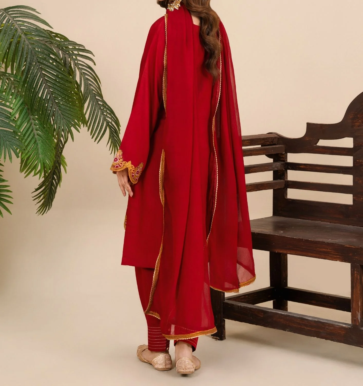 3Pc Embroidered Silk Viscose with Shalwar Red JASHAN-J26-0020