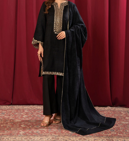 3Pc Alpine Velvet Tilla Embroidered with Velvet Shawl Teal AFP-A25-0002