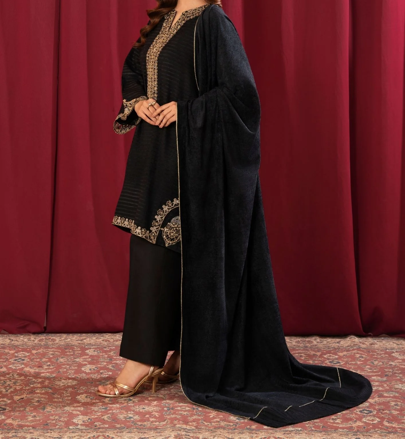 3Pc Alpine Velvet Tilla Embroidered with Velvet Shawl Teal AFP-A25-0002