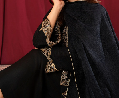 3Pc Alpine Velvet Tilla Embroidered with Velvet Shawl Teal AFP-A25-0002