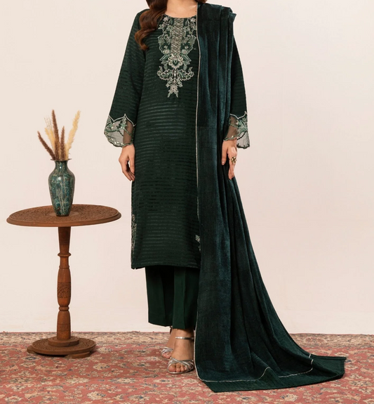 3Pc Alpine Velvet Tilla Embroidered with Velvet Shawl Teal AFP-A25-0007