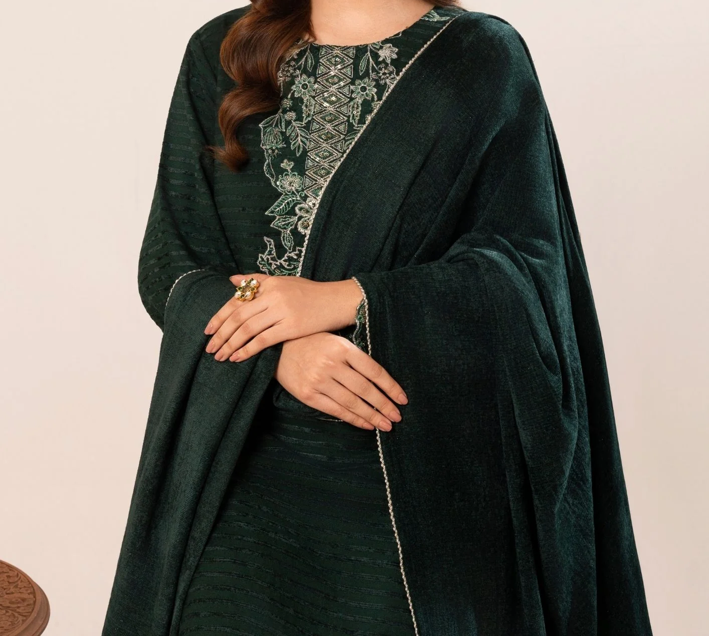 3Pc Alpine Velvet Tilla Embroidered with Velvet Shawl Teal AFP-A25-0007