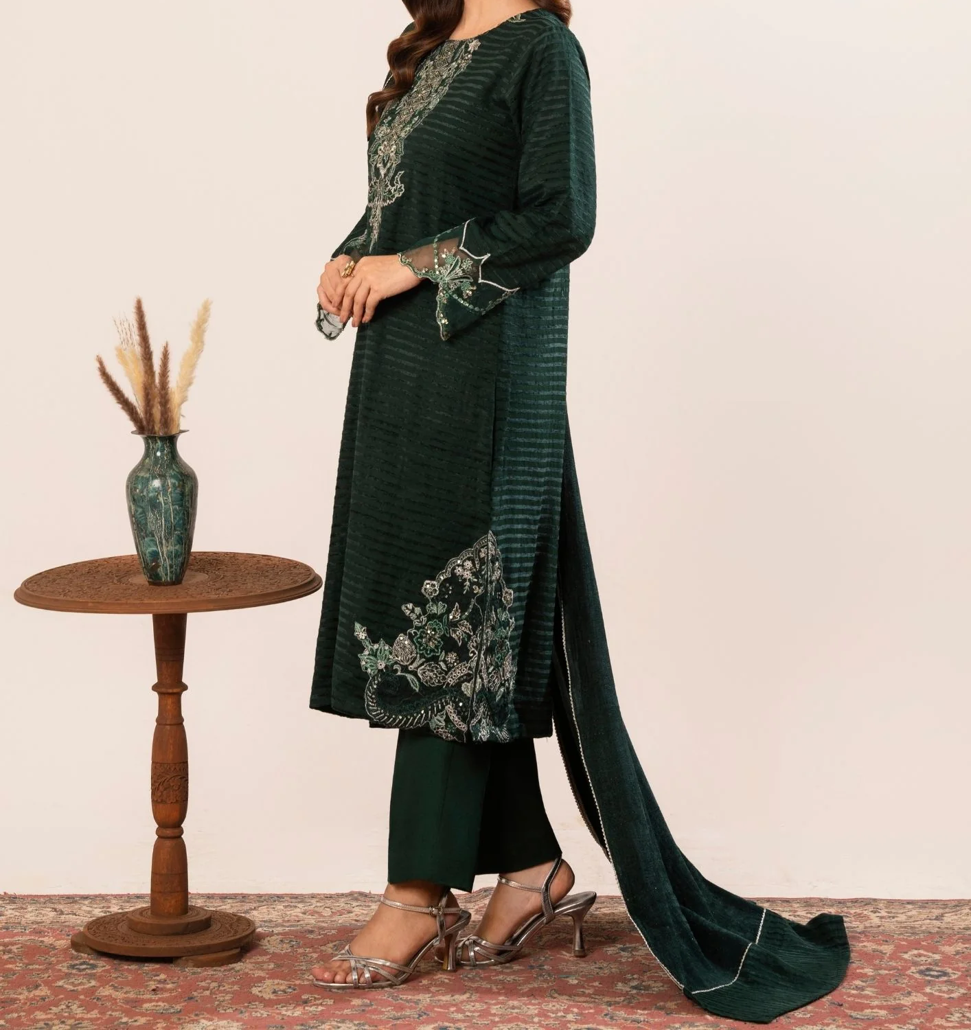 3Pc Alpine Velvet Tilla Embroidered with Velvet Shawl Teal AFP-A25-0007