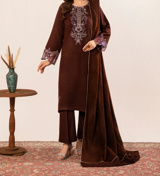 3Pc Alpine Velvet Tilla Embroidered with Velvet Shawl Teal AFP-A25-0006