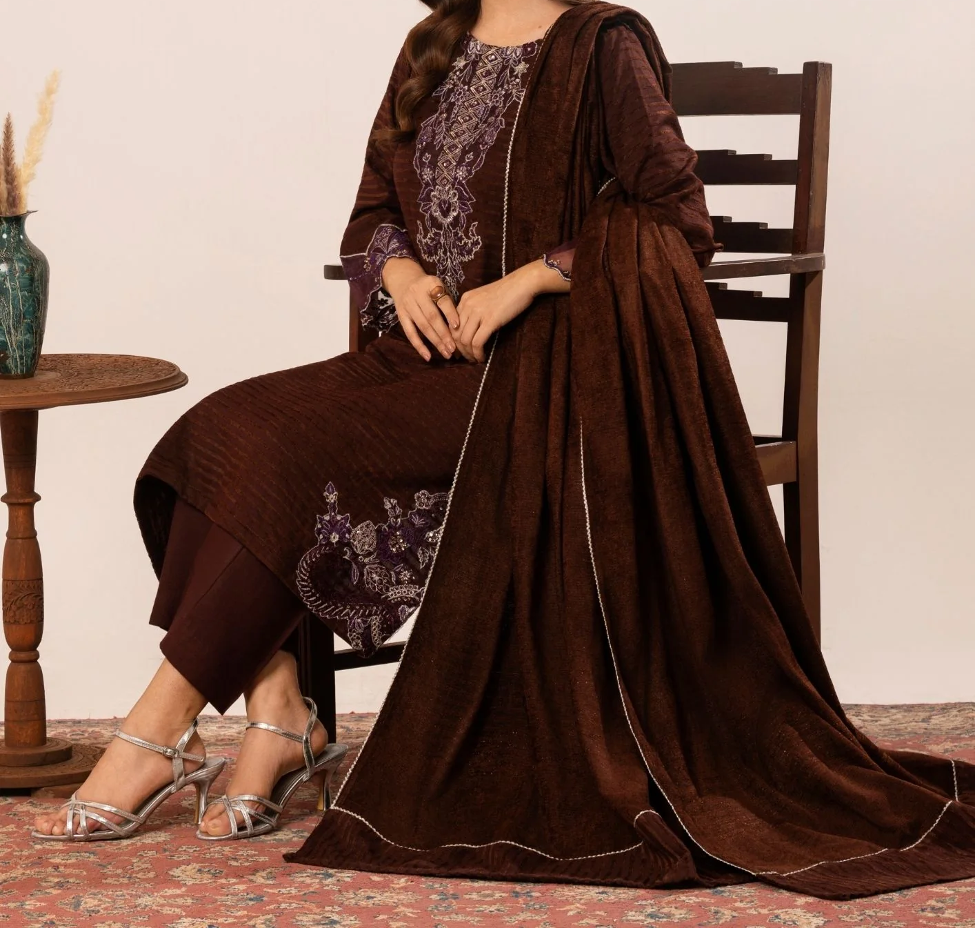 3Pc Alpine Velvet Tilla Embroidered with Velvet Shawl Teal AFP-A25-0006