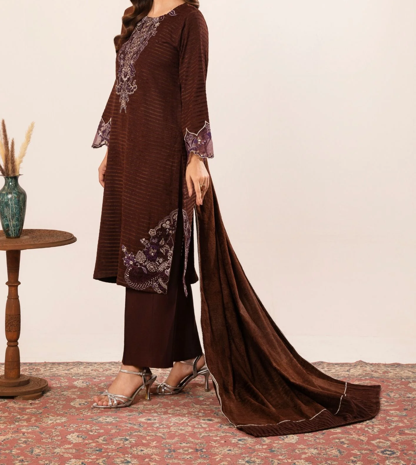 3Pc Alpine Velvet Tilla Embroidered with Velvet Shawl Teal AFP-A25-0006