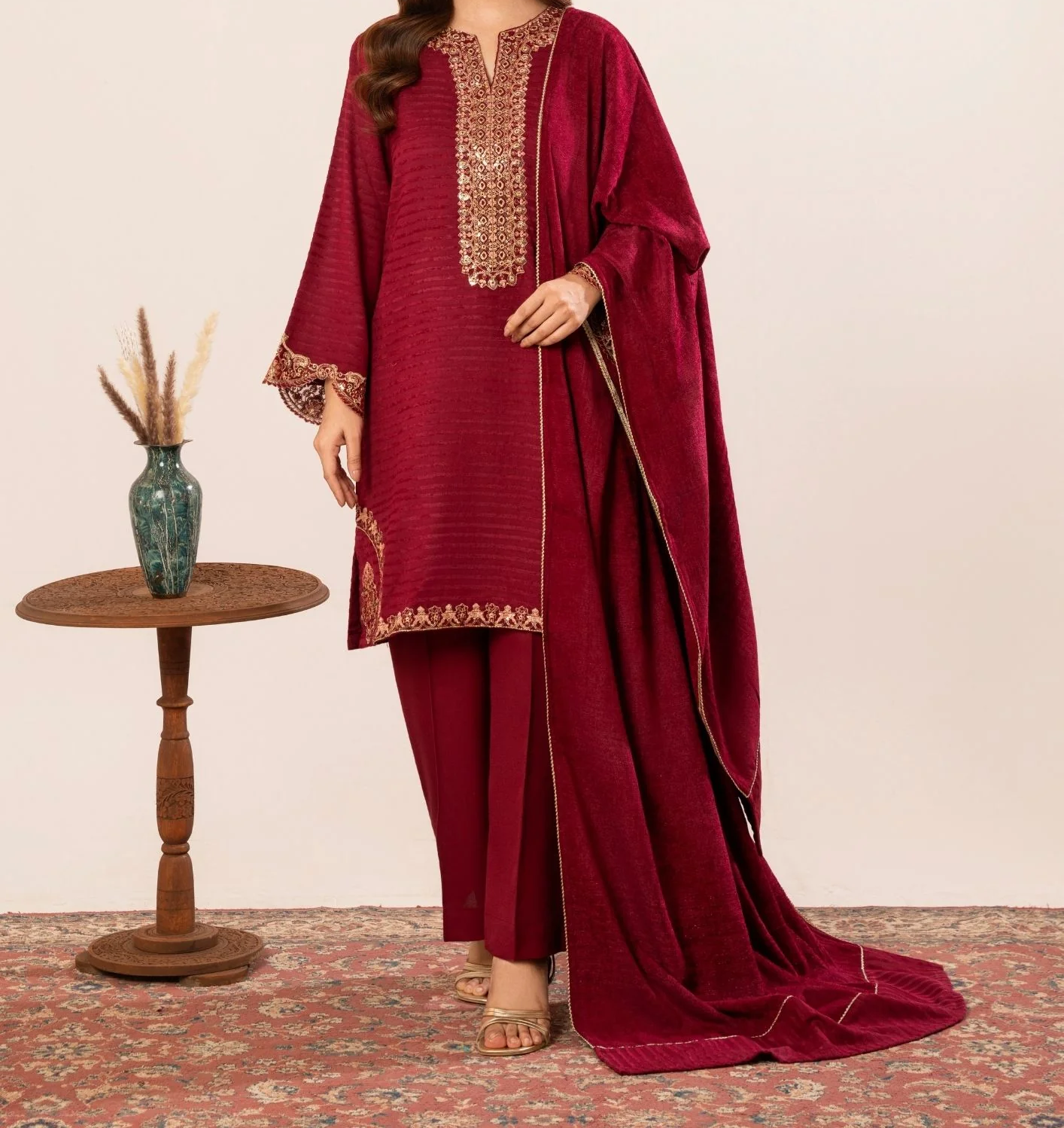 3Pc Alpine Velvet Tilla Embroidered with Velvet Shawl Teal AFP-A25-0003