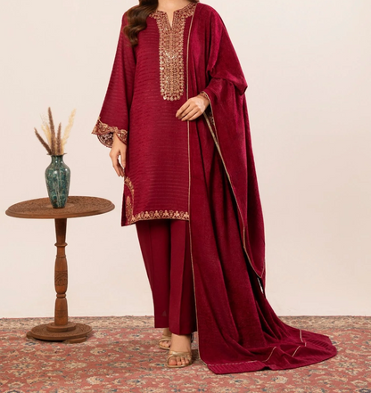 3Pc Alpine Velvet Tilla Embroidered with Velvet Shawl Teal AFP-A25-0003