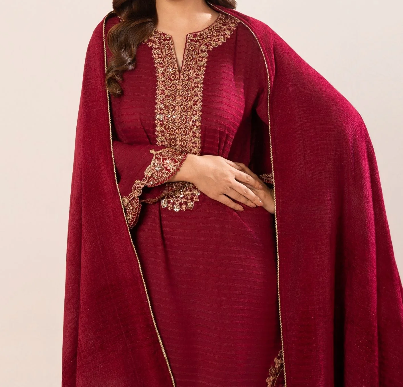 3Pc Alpine Velvet Tilla Embroidered with Velvet Shawl Teal AFP-A25-0003