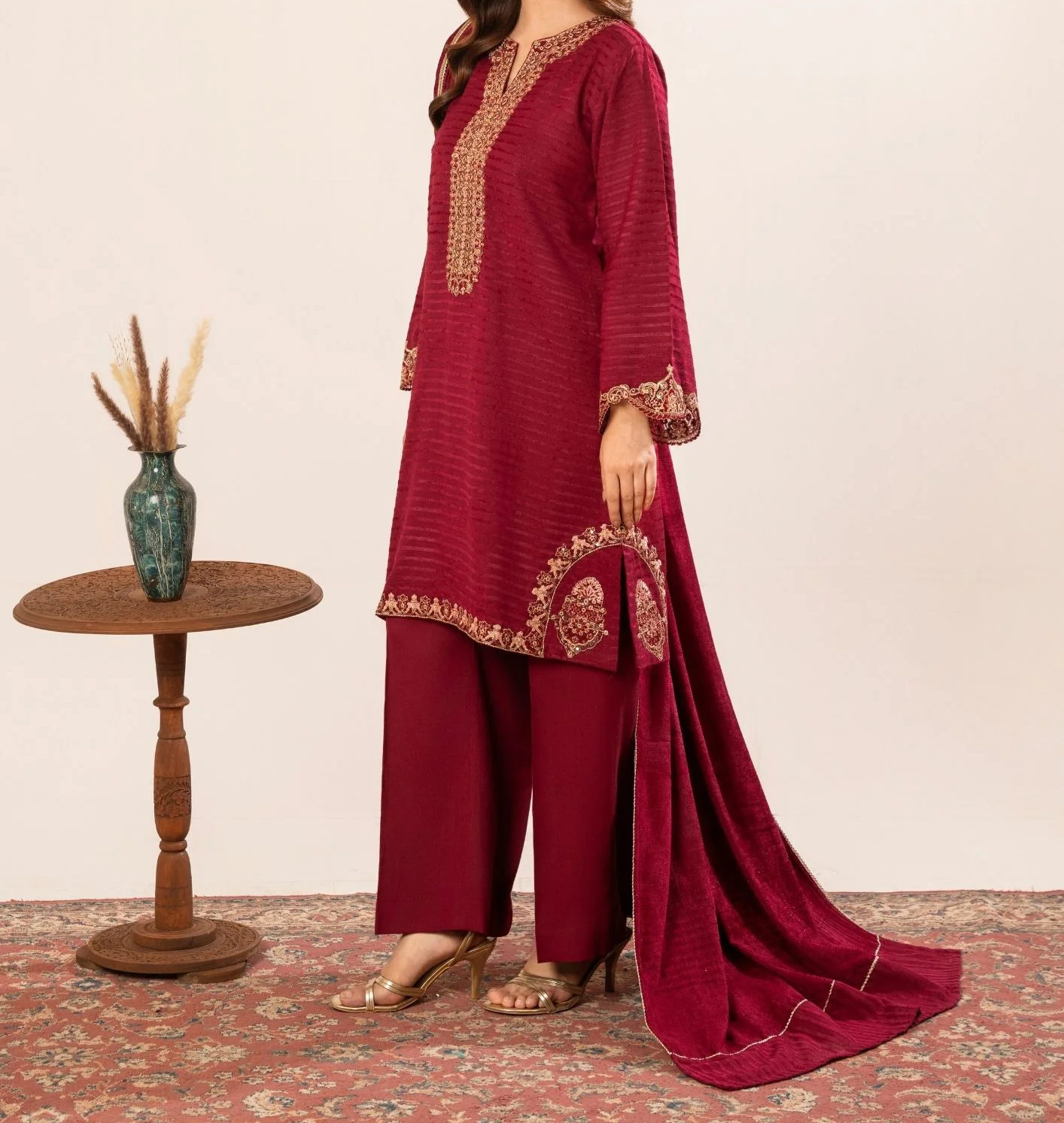 3Pc Alpine Velvet Tilla Embroidered with Velvet Shawl Teal AFP-A25-0003