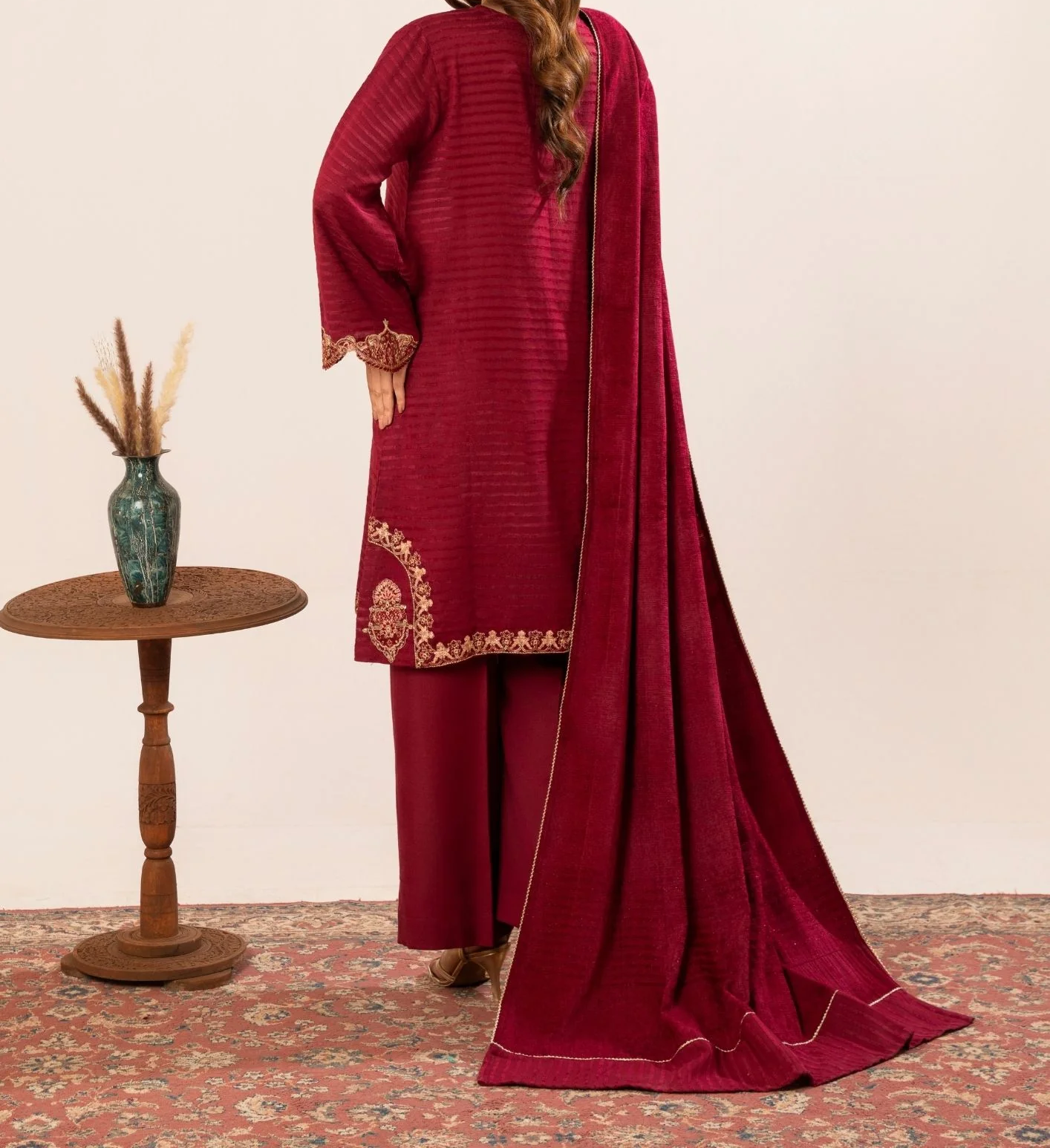 3Pc Alpine Velvet Tilla Embroidered with Velvet Shawl Teal AFP-A25-0003