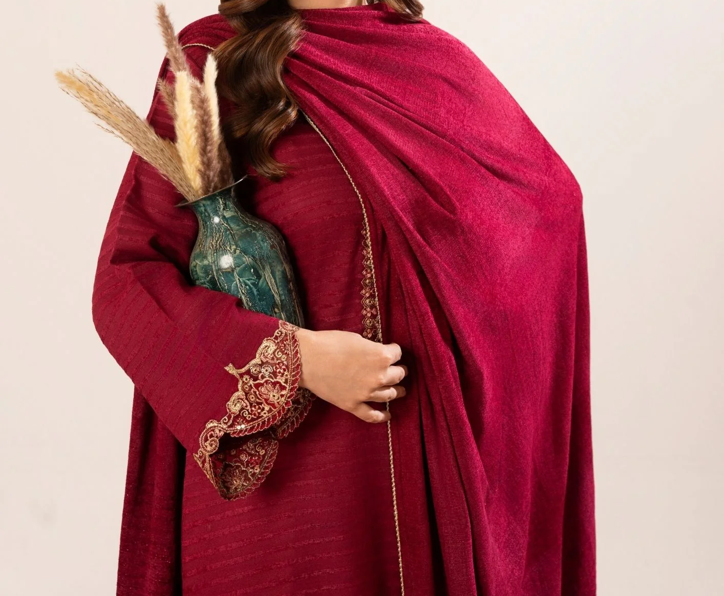 3Pc Alpine Velvet Tilla Embroidered with Velvet Shawl Teal AFP-A25-0003