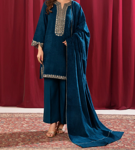 3Pc Alpine Velvet Tilla Embroidered with Velvet Shawl Teal AFP-A25-0001