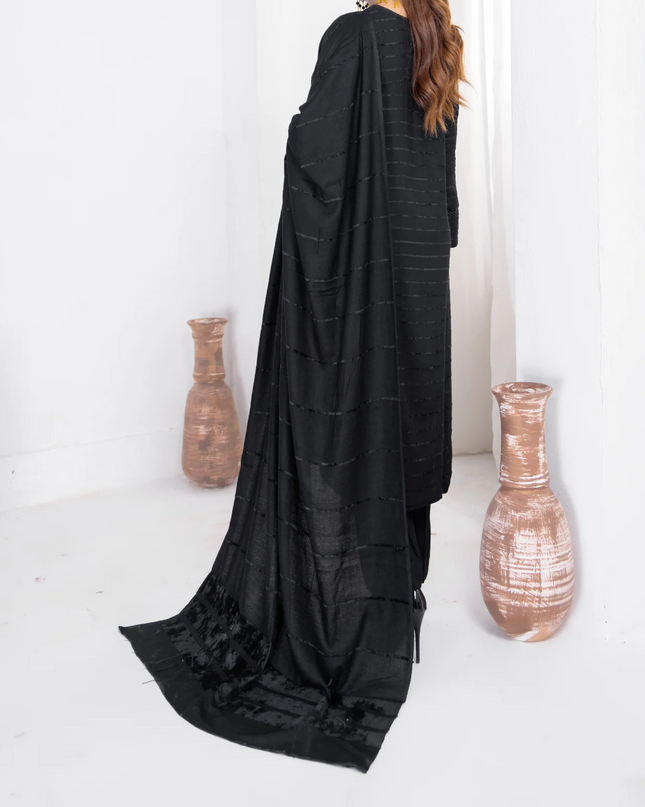 3pc Alpine Velvet Shirt with Velvet Border Shawl and Plain Trouser Black W24-VEL-0008