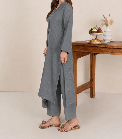 3pc Alpine Velvet Shirt with Velvet Border Shawl and Plain Trouser Grey AML-W26-0001
