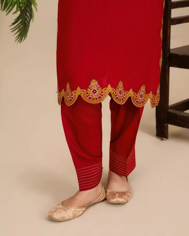 3Pc Embroidered Silk Viscose with Shalwar Red JASHAN-J26-0020