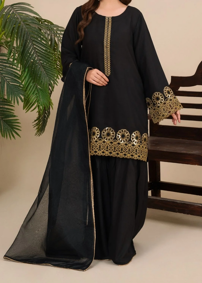 3Pc Silk Viscose Suit with Organza Dupatta & Gharara Black JASHAN-J26-0019