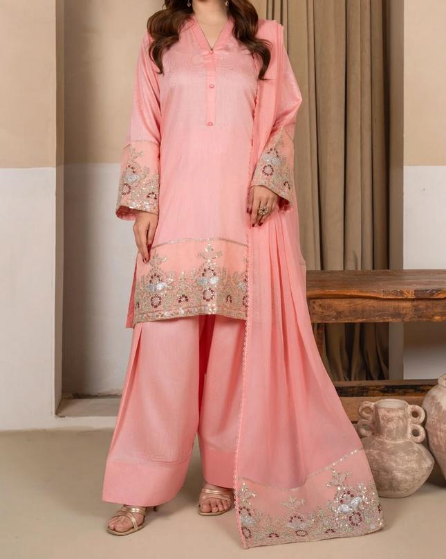 3Pc Embroidered Silk Viscose with Farshi Shalwar Peach JASHAN-J26-0007
