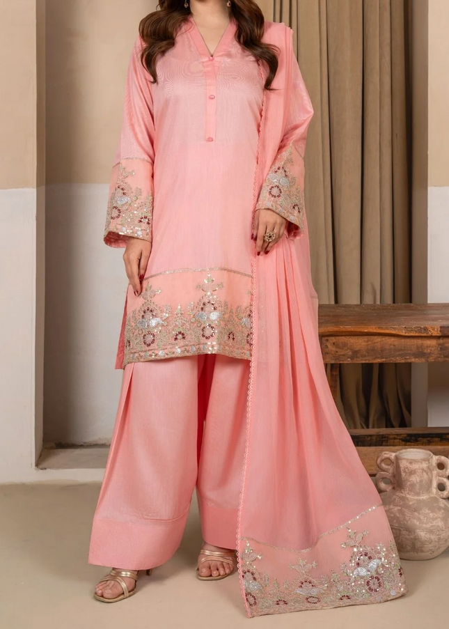 3Pc Embroidered Silk Viscose with Farshi Shalwar Peach JASHAN-J26-0007