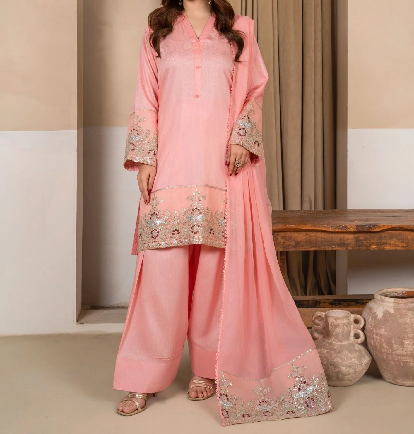 3Pc Embroidered Silk Viscose with Farshi Shalwar Peach JASHAN-J26-0007