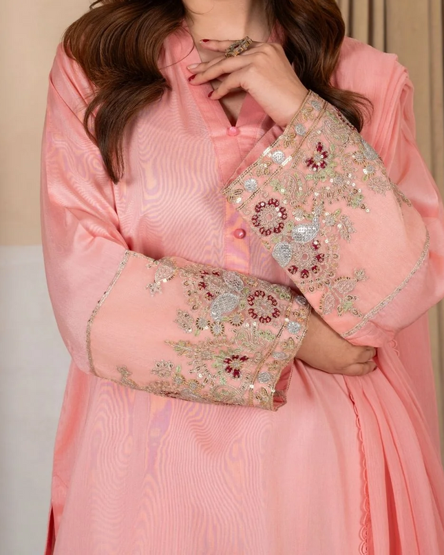 3Pc Embroidered Silk Viscose with Farshi Shalwar Peach JASHAN-J26-0007