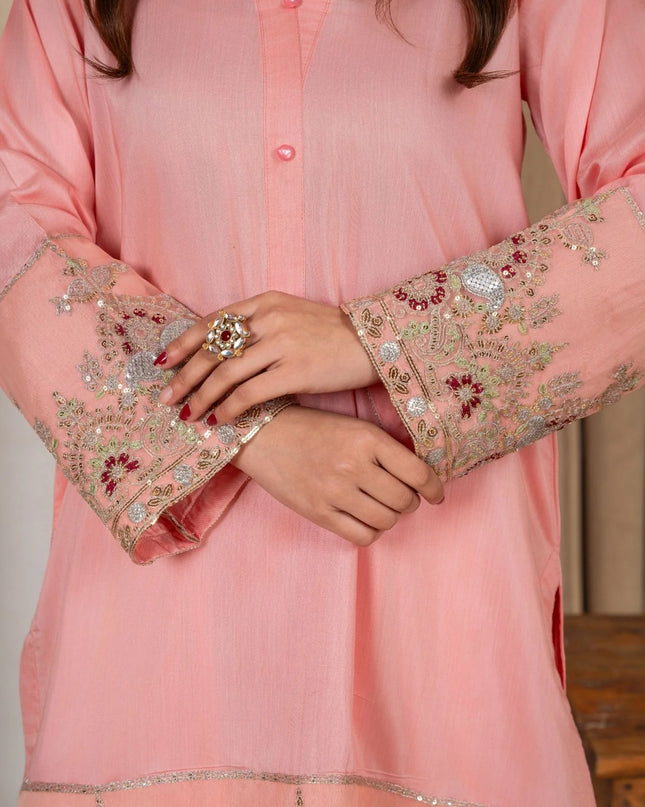 3Pc Embroidered Silk Viscose with Farshi Shalwar Peach JASHAN-J26-0007