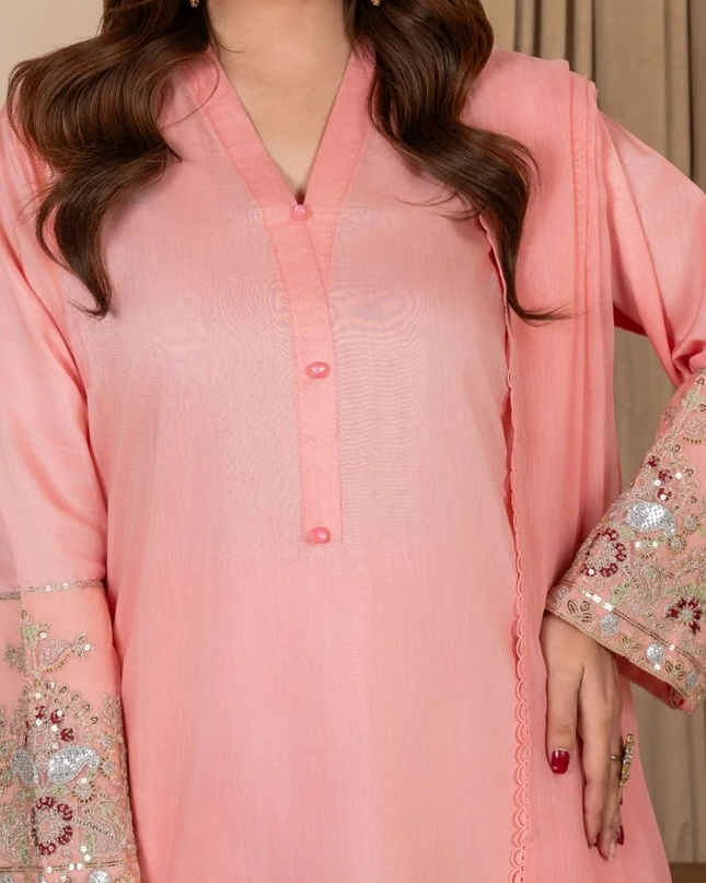 3Pc Embroidered Silk Viscose with Farshi Shalwar Peach JASHAN-J26-0007