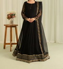 2Pc Embroidered Chiffon Frock with Net Dupatta Black | LUXE-L25-0005