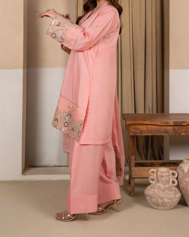 3Pc Embroidered Silk Viscose with Farshi Shalwar Peach JASHAN-J26-0007