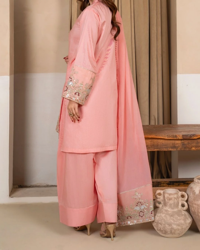 3Pc Embroidered Silk Viscose with Farshi Shalwar Peach JASHAN-J26-0007