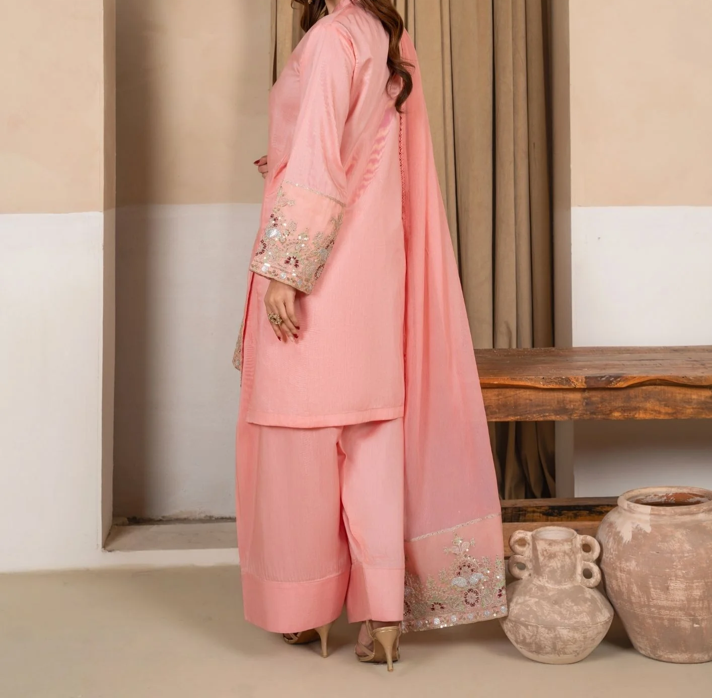 3Pc Embroidered Silk Viscose with Farshi Shalwar Peach JASHAN-J26-0007
