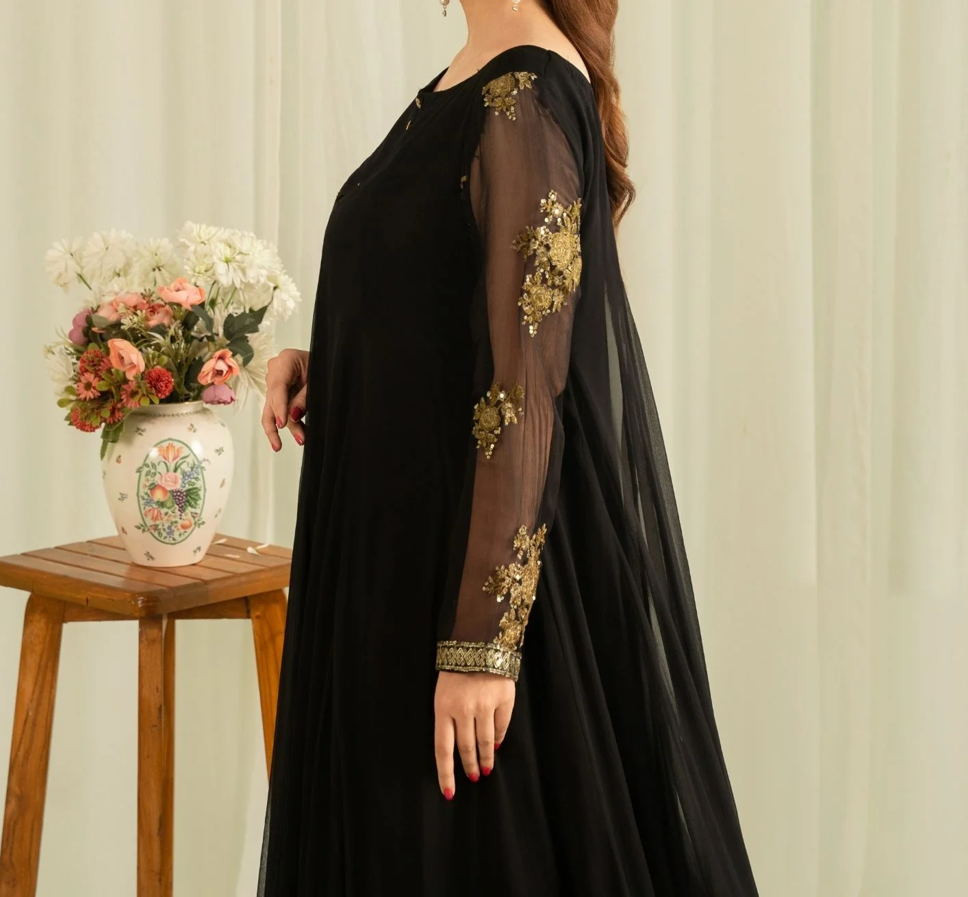 2Pc Embroidered Chiffon Frock with Net Dupatta Black | LUXE-L25-0005