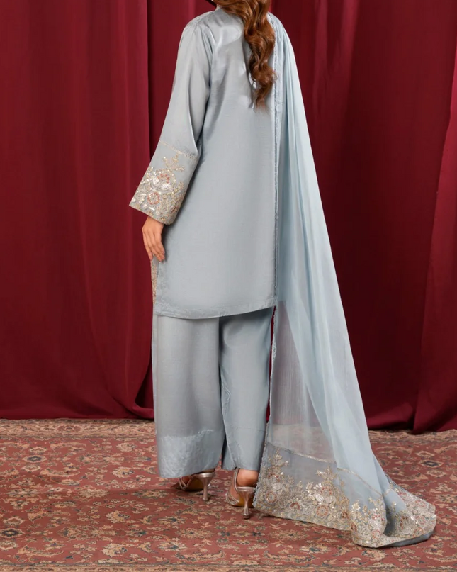 3Pc Embroidered Silk Viscose with Farshi Shalwar with Chiffon Embroidered Bordered Dupatta JASHAN-S25-0037