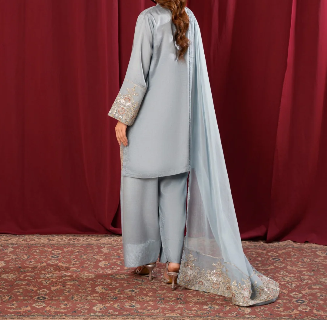 3Pc Embroidered Silk Viscose with Farshi Shalwar with Chiffon Embroidered Bordered Dupatta JASHAN-S25-0037