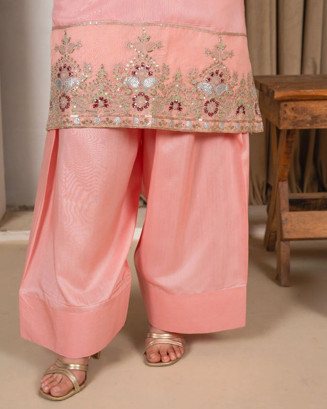 3Pc Embroidered Silk Viscose with Farshi Shalwar Peach JASHAN-J26-0007