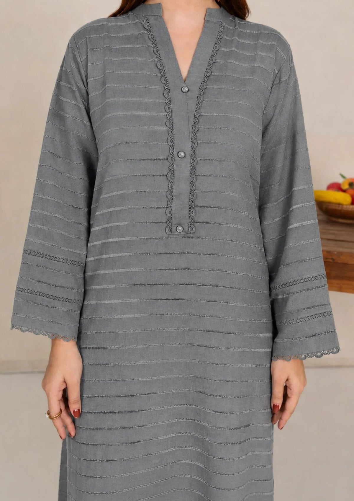 3pc Alpine Velvet Shirt with Velvet Border Shawl and Plain Trouser Grey AML-W26-0001