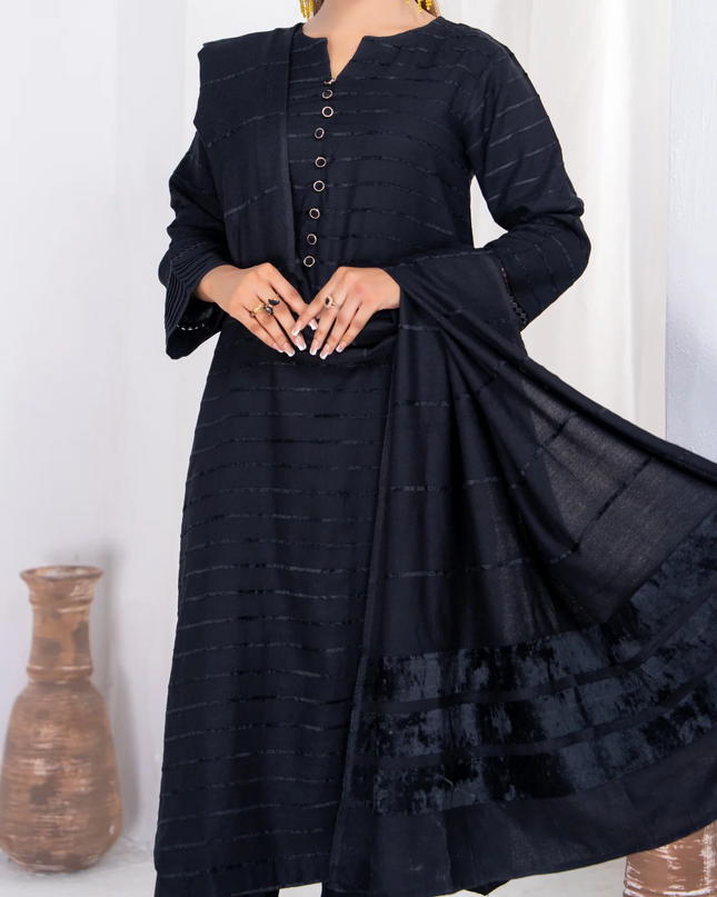 3pc Alpine Velvet Shirt with Velvet Border Shawl and Plain Trouser Black W24-VEL-0008