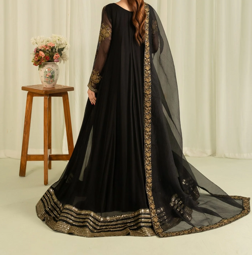 2Pc Embroidered Chiffon Frock with Net Dupatta Black | LUXE-L25-0005