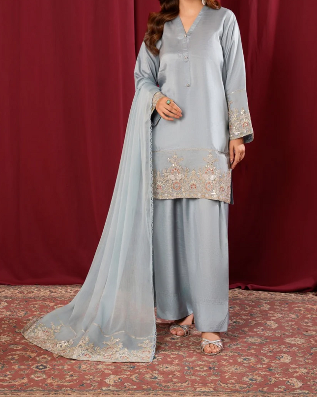 3Pc Embroidered Silk Viscose with Farshi Shalwar with Chiffon Embroidered Bordered Dupatta JASHAN-S25-0037
