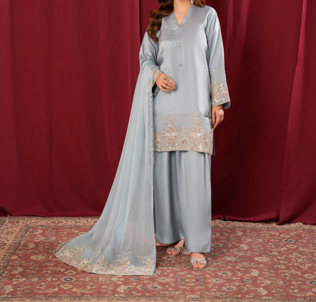 3Pc Embroidered Silk Viscose with Farshi Shalwar with Chiffon Embroidered Bordered Dupatta JASHAN-S25-0037