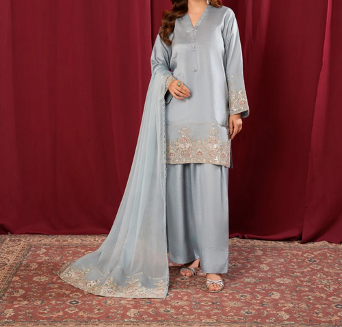 3Pc Embroidered Silk Viscose with Farshi Shalwar with Chiffon Embroidered Bordered Dupatta JASHAN-S25-0037