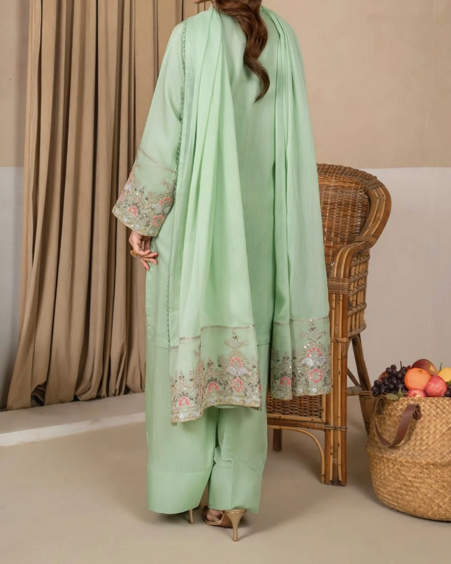 3Pc Embroidered Silk Viscose with Farshi Shalwar Mint JASHAN-J26-0005