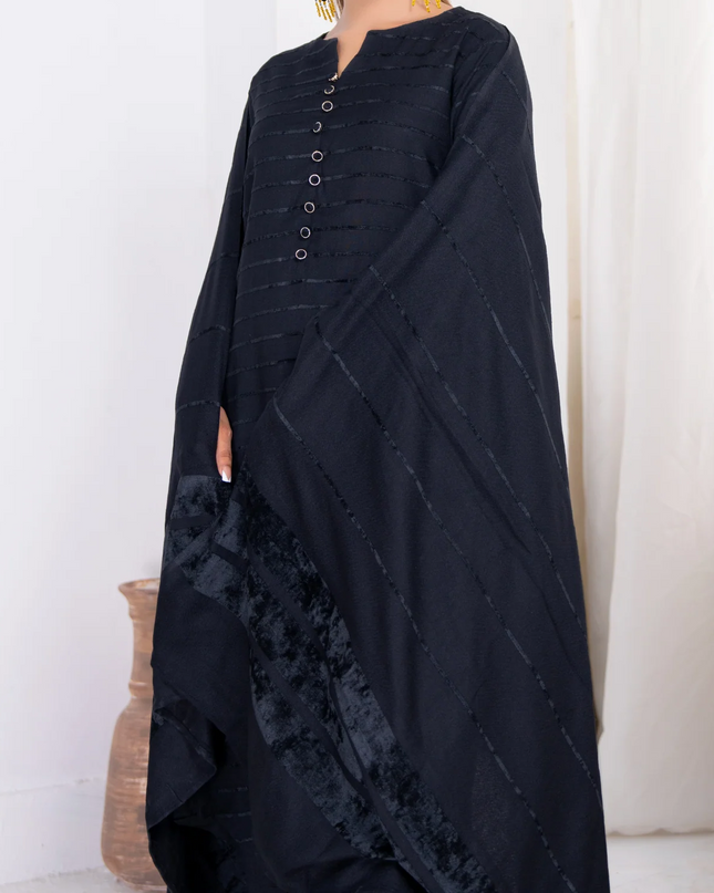 3pc Alpine Velvet Shirt with Velvet Border Shawl and Plain Trouser Black W24-VEL-0008