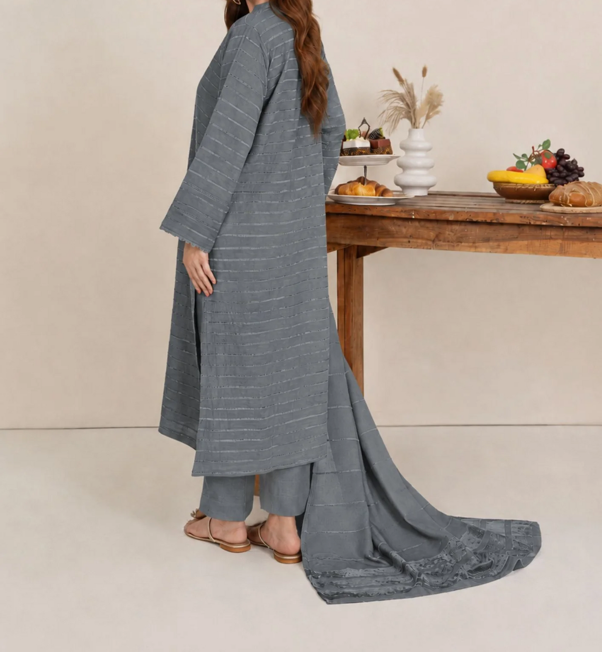 3pc Alpine Velvet Shirt with Velvet Border Shawl and Plain Trouser Grey AML-W26-0001
