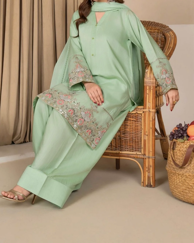 3Pc Embroidered Silk Viscose with Farshi Shalwar Mint JASHAN-J26-0005