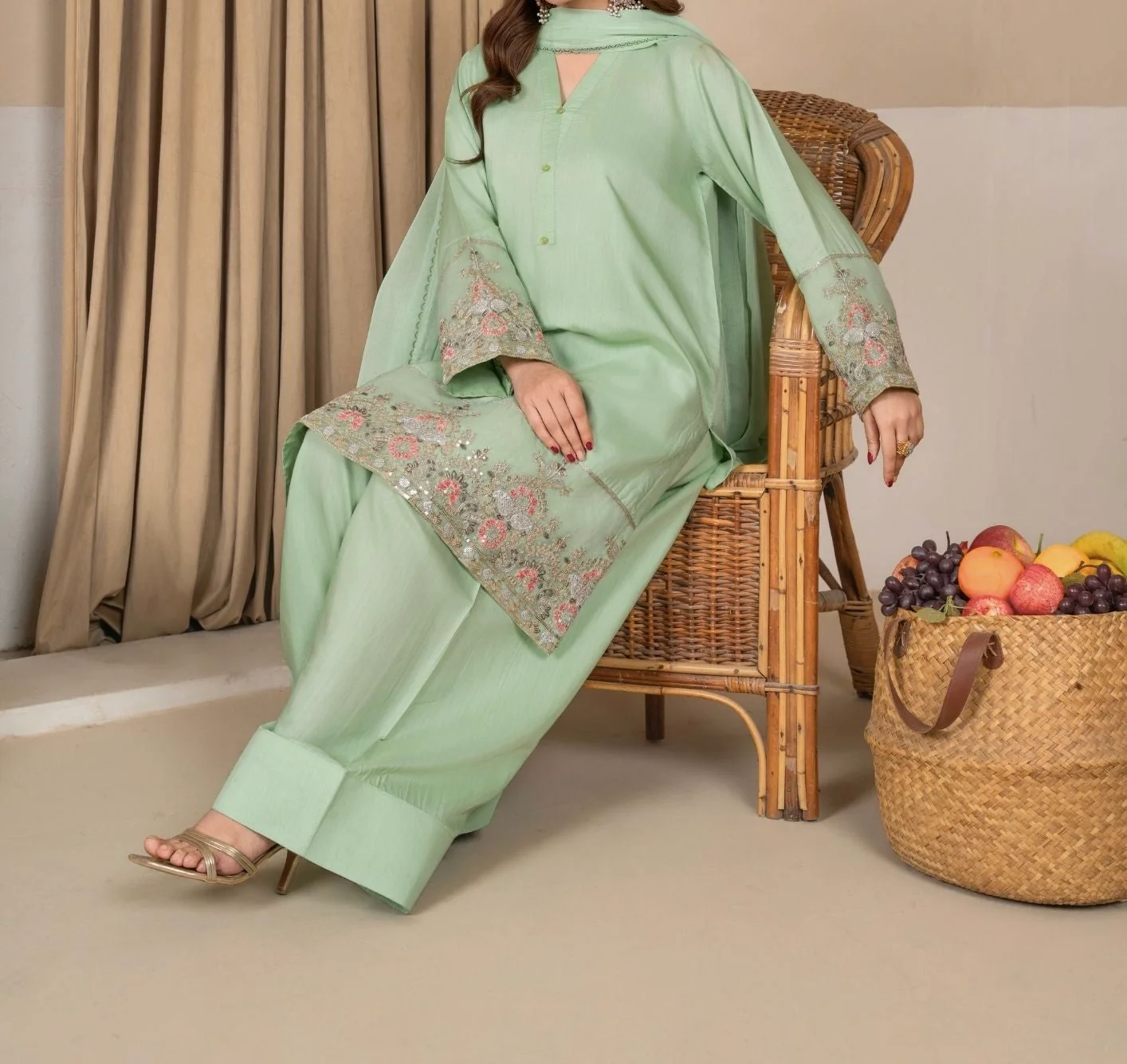 3Pc Embroidered Silk Viscose with Farshi Shalwar Mint JASHAN-J26-0005